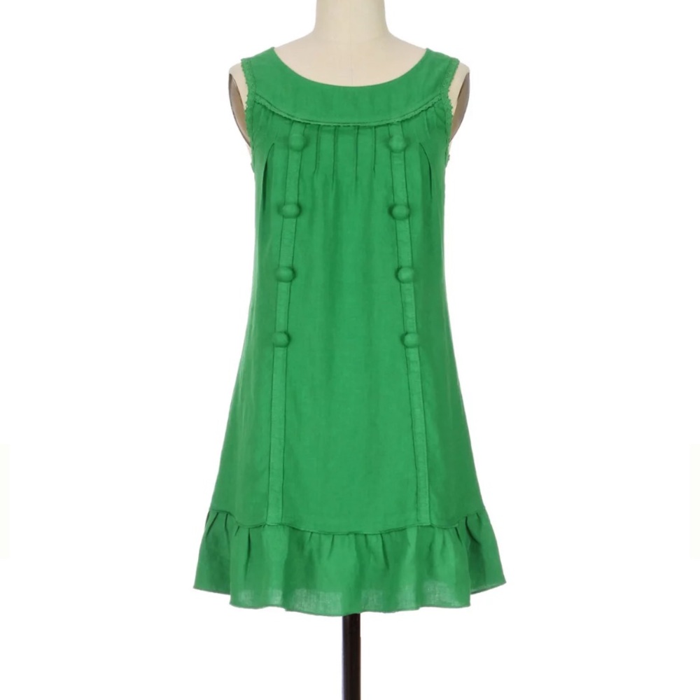 Anthropologie Edme & Esyllte Peacoat Linen Shift Dress-Kelly Green-Size Small